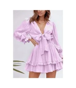 V-Neck Solid Color Tieback Bowknot Long Lantern Sleeve Ruffle Dress Casual Wholesale Dresses SD531178 -OTIS Clothing Shop 431294e6 e361 414f 95fe 5bb11c2b35e7 F0E233D5D8BC1926A6EA16BA4913D9F6