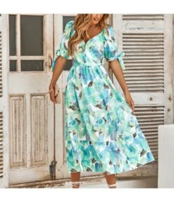 Printed Waist Puff Sleeve V-Neck Midi Casual Dress Wholesale Dresses SDN538812
