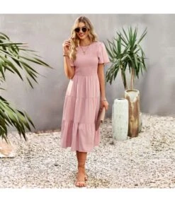 Solid Color Puff Sleeve Slimming Round Neck Smocked Dress Wholesale Dresses SDN539513 -OTIS Clothing Shop 479f76b6 ad14 47f2 9f4d bd783a3ed5da c838a22b6f82b2e88472b02579e95510