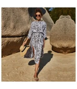 Loose Swing Wholesale Dresses Medium Sleeves Printed Vacation Dress Sexy Slit SD165494