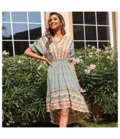 Printed Irregular Hem Boho Dresses V Neck Puff Sleeve Casual Vacation Wholesale Bohemian Dress For Women SD168359