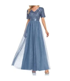 Short Sleeve Sequins Tulle Elegant Ball Gown Prom Evening Dress Wholesale Maxi Dresses SDN535235