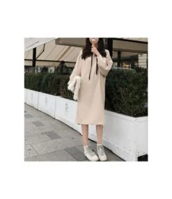 Casual Loose Long Sleeve Solid Color Drawstring Midi Hoodie Wholesale Sweatshirt Dress SDN562138