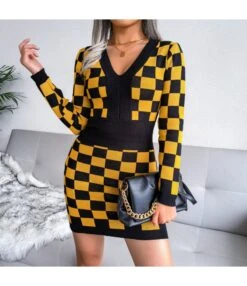 Sexy Knitted Dress Women V-Neck Plaid Printing SD162181 -OTIS Clothing Shop 4f3c20e3 91e8 464e 89a8 4f3f58e00602 197B8B69696F0F97EBA7A2C60769852C