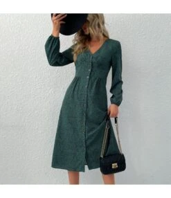 Long Sleeve Leopard Print V-Neck Button A-Line Dress Wholesale Dresses SDN537178