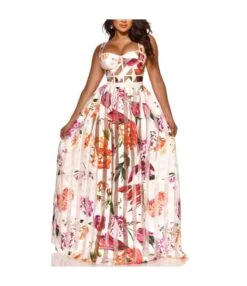 Fashion Interval See-Through Floral Print Slip Swing Dress Wholesale Maxi Dresses SDN535415