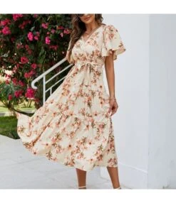 Tie-Up Short Sleeve Elegant Floral Print Smocked Dress Wholesale Dresses SDN535474