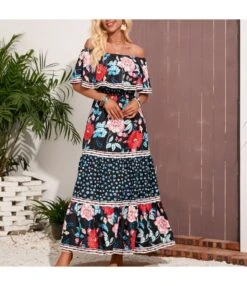 Floral Print Off Shoulder Ruffled Lapel Lace-Up Waist Swing Resort Dress Wholesale Maxi Dresses SDN533386