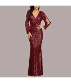 V-Neck Hollow Long Sleeve Slim Sequin Prom Evening Dress Wholesale Maxi Dresses SDN535239