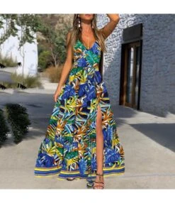Printed Deep V Neck Sling Wide Swing Dress Vacation Sundresses Wholesale Maxi Dresses SDN533515