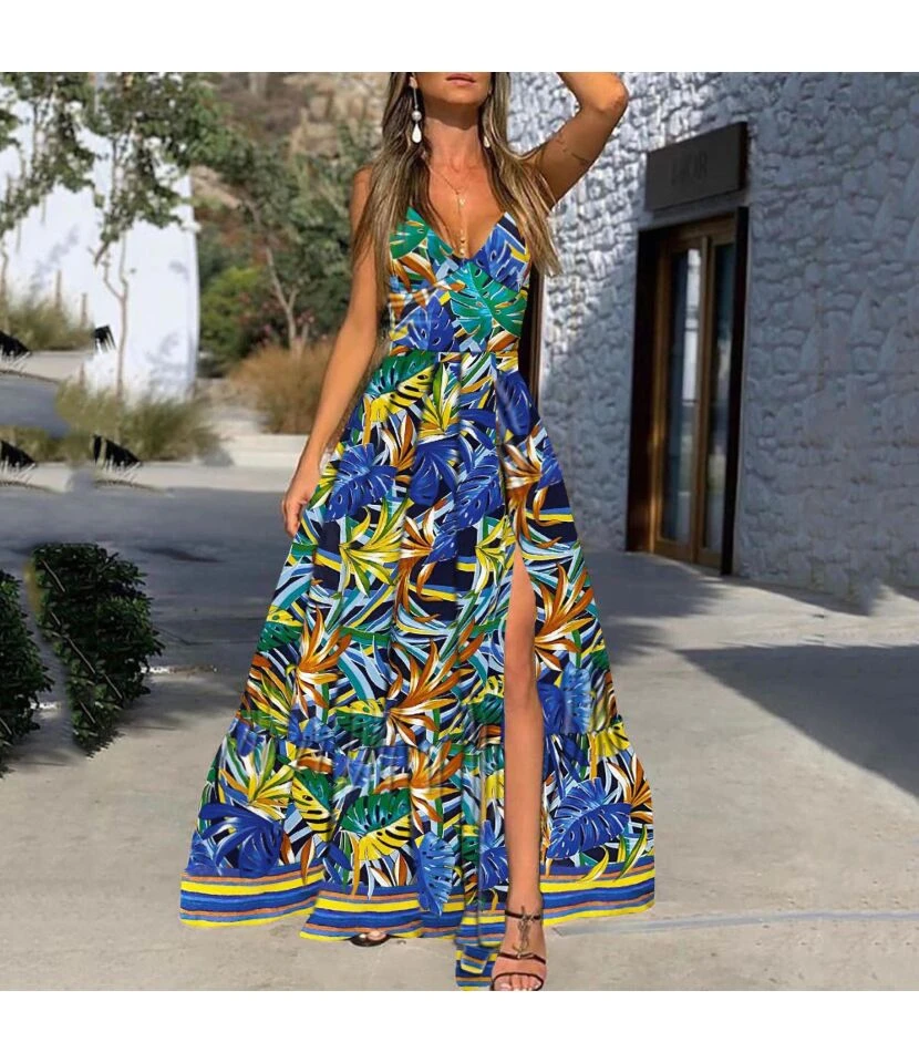 Printed Deep V Neck Sling Wide Swing Dress Vacation Sundresses Wholesale Maxi Dresses SDN533515 3 Printed Deep V Neck Sling Wide Swing Dress Vacation Sundresses Wholesale Maxi Dresses SDN533515