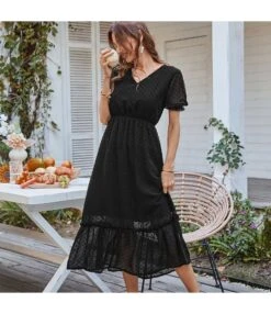 Elegant V Neck Flocking Midi Dress Short Sleeve Solid Color High Waist Wholesale Dresses SDN560431 -OTIS Clothing Shop 5af03587 99c7 4fd0 b67d 119045ee6ab2 57efbebde208905264d952639dc7b018