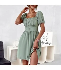 Solid Color Ruffled Square Neck Puff Sleeve Cutout Back Bowknot Swing Dress Casual Wholesale Dresses SDN533153