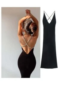 Cross-Shoulder Chain Straps Open-Back Knitted Black Bag Hips Bodycon Dress Wholesale Jersey Dresses SDN533023