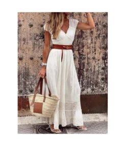 Solid Color Resort V Neck Lace Stitching Swing Maxi Dresses Wholesale Bohemian Dress For Women SDN532782