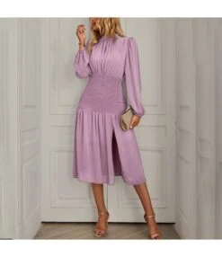 Slit Lantern Sleeve Slim Pleated Solid Color Temperament Midi Dress Wholesale Dresses SDN538027