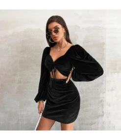 Velvet Sexy Cutout Tie-Up Dress Long Sleeve Solid Color Bodycon Wholesale Dresses SDN561545 -OTIS Clothing Shop 62283317 7f96 420c bec2 361add80beff aa47978690363f7cdfc89f092bb55baf