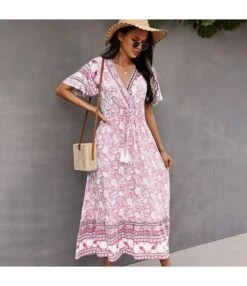 Floral Print V Neck Fringe Tie-Up Short Sleeve Resort Dress Wholesale Womens Boho Dresses SDN533139 -OTIS Clothing Shop 68060ad4 39da 4554 a076 92de8a857517 0cc7f0a57d82ed416280cfb3640fb8e7