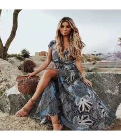 Wholesale Maxi Dresses In Bulk Boho Dress Short Sleeve V-Neck Slit SD163483