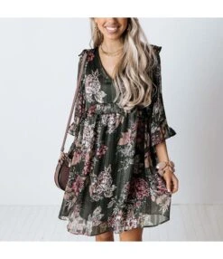 V-Neck Fashion Printed Ruffled 3/4 Sleeve Casual Dress Wholesale Dresses Chiffon Dress Chic SD204218