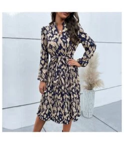 Printed Long Sleeve Tie-Up Casual Swing Pleated Dress Wholesale Dresses SDN538421