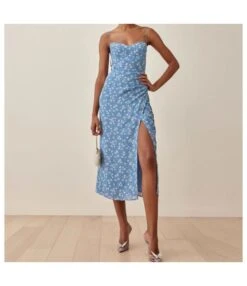 Floral Print Sling Lace-Up High Waist Pleated Slit Resort Dress Sexy Wholesale Dresses SDN580385