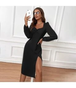 Solid Color V-Neck Slit Long-Sleeve Slim Midi A-Line Dress Wholesale Dresses SDN537343 -OTIS Clothing Shop 6b855ccd c0e0 4156 93b6 b73b7b942fa6 8356292bbc1972ccb59a83990f2a936e