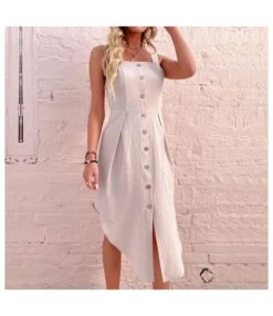 Solid Color Single-Breasted Design Irregular Hem Cotton & Linen Sling Dress Summer Wholesale Dresses SD168363