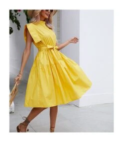 Trendy Stand Collar Tie-Up Cover Sleeveless Waist Midi Casual Dress Wholesale Dresses N5323030700089