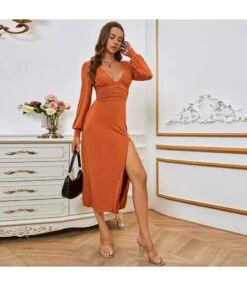 Long-Sleeved Simple Sexy V-Neck Slit Slim-Fit Temperament A-Line Dress Wholesale Dresses SDV464516 -OTIS Clothing Shop 6e44633b f365 45cc bbc9 fa1f22820a63 1b643d7b24da96894a21e4c1b9d411dd