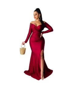 Solid Color Nightclub V-Neck Long Sleeve Maxi Dress Wholesale Supplier SD210272