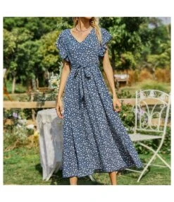 Floral Print V Neck Lace-Up Ruffle Sleeve Midi Swing Dress Summer Casual Wholesale Dresses SDN532703