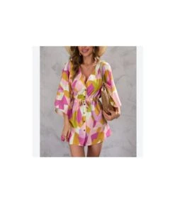 Geometric Print Deep-V Half Flare Sleeve Lace-Up Drawstring Mini Dress Resort Wholesale Dresses SDN533159