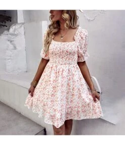 Fashion Chiffon Square Collar Floral Mini Swing Dress Loose High Waist Petal Sleeve Wholesale Dresses SDN560437