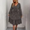 Printed V Neck Long Sleeve Tie-Up Waist Casual Swing Dress Wholesale Dresses SDN537200