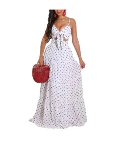 Polka Dot Print Bowknot Sundresses Cutout Sling Smocked Dress Sexy Wholesale Maxi Dresses SDN533158