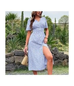 Sexy V Neck Floral Dress Short Sleeve Slit Shirt Wholesale Dresses SDN561308