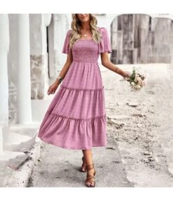 Solid Color Casual Slim Waist Midi Jacquard Smocked Dress Wholesale Dresses SDN539506