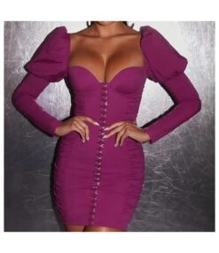 Pleated Sexy Low Cut Long Sleeve Puff Sleeve Sheath Mini Dress Wholesale Dresses SDV463783