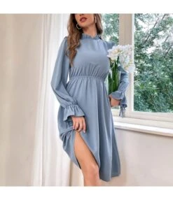 Ruffled Turtleneck Elastic Waist Puff Sleeve Midi Casual Dress Wholesale Dresses SDN537991