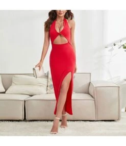 Hollow Open Back Slit Halter Neck Party Dress Wholesale Dresses N4623041000169