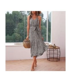 Leopard Print Lace-Up Slim-Fit Slip Mid-Length Flowy Dress Vacation Wholesale Dresses SD168360