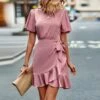 Summer Casual Round Neck Solid Color Ruffled Wrap Dress Wholesale Dresses N5323022800186