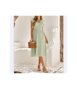 Petal Sleeve Solid Color V-Neck Fresh And Simple Dress Wholesale Dresses N4623052300092
