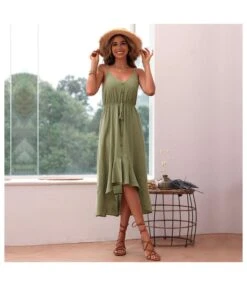 Drawstring Solid Color Loose Sling Irregular Wood Ear Midi Dress Wholesale Dresses SDV464017