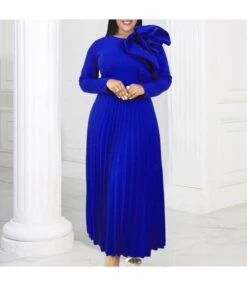 Round Neck Long Sleeve Three-Dimensional Decoration Pleated Party Solid Color Dress Wholesale Dresses N4623050600020