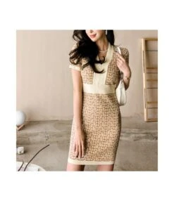 Sexy V-Neck Patchwork Jacquard Knitted Short Sleeve Slim Mini Dress Wholesale Dresses SD5117373