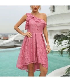 Solid Color Slanted Shoulder Lace Ruffles Swing Evening Dress Elegant Wholesale Dresses SDN532200