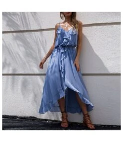 Solid Color V-Neck Ruffled Backless Resort Slit Slip Dress Wholesale Maxi Dresses SDN538995