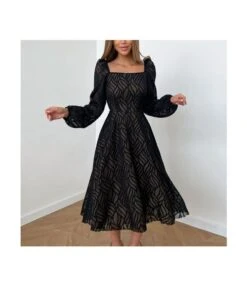 Slightly See-Through Jacquard Long-Sleeved Elegant Midi A-Line Dress Wholesale Dresses SDV463852